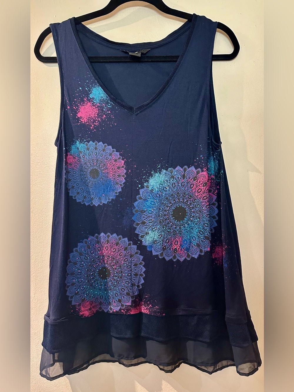 Desigual Palermo Sleeveless Navy Mandala V-Neck Top Sheer Hem Size L
